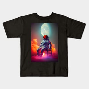 Astronaut sitting on a chair  with red clouds around in space with moon in the background Kids T-Shirt